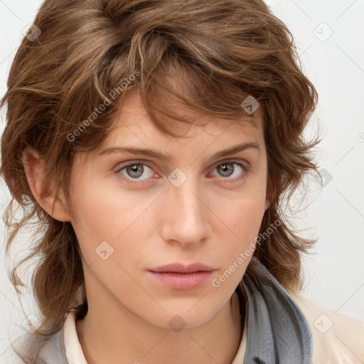 Neutral white young-adult female with medium  brown hair and blue eyes