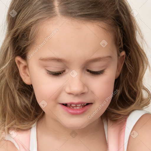 Joyful white child female with long  brown hair and brown eyes