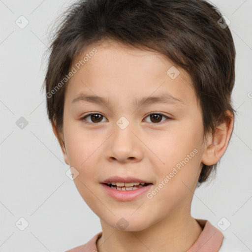 Joyful white child female with short  brown hair and brown eyes