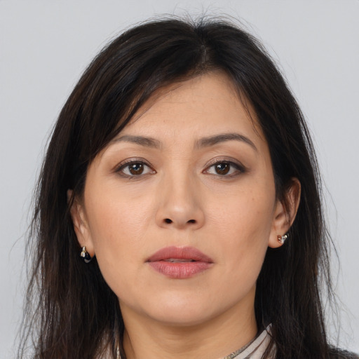 Neutral asian young-adult female with long  brown hair and brown eyes