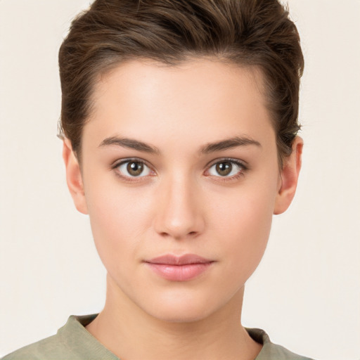 Neutral white young-adult female with short  brown hair and brown eyes