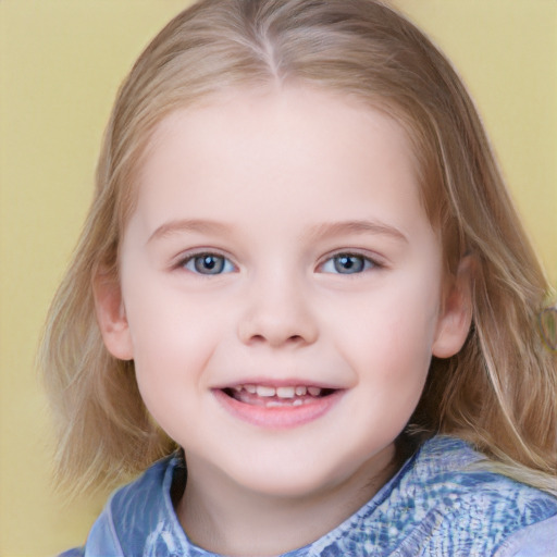 Joyful white child female with medium  brown hair and blue eyes