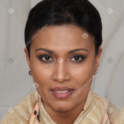 Joyful latino young-adult female with short  brown hair and brown eyes
