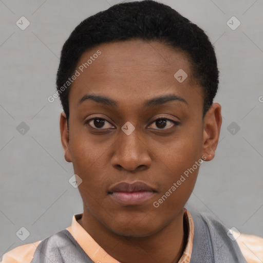 Neutral latino young-adult female with short  black hair and brown eyes