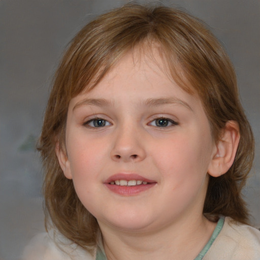 Joyful white child female with medium  brown hair and blue eyes