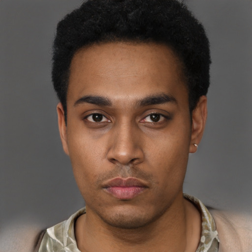 Neutral black young-adult male with short  black hair and brown eyes