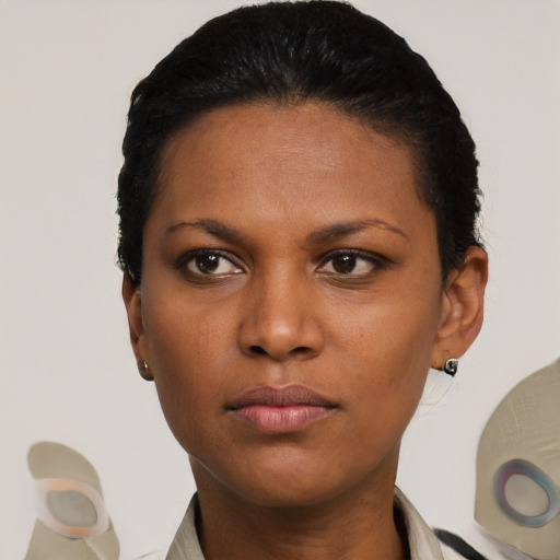 Neutral white young-adult female with short  black hair and brown eyes