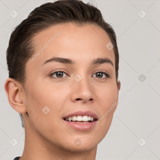 Joyful white young-adult female with short  brown hair and brown eyes