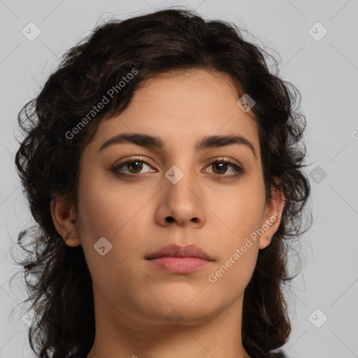 Neutral white young-adult female with medium  brown hair and brown eyes