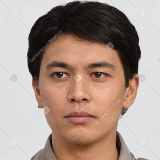 Neutral asian young-adult male with short  black hair and brown eyes