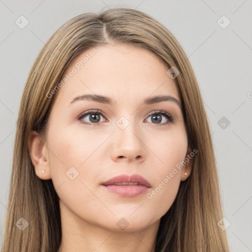 Neutral white young-adult female with long  brown hair and brown eyes