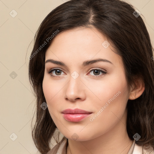 Neutral white young-adult female with medium  brown hair and brown eyes