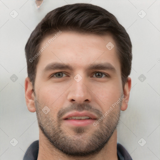 Neutral white young-adult male with short  brown hair and grey eyes