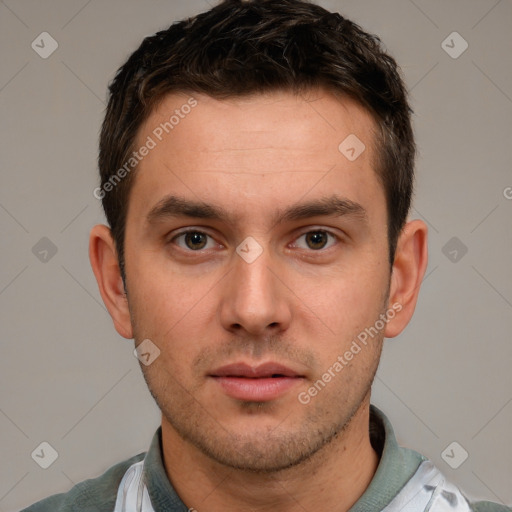 Neutral white young-adult male with short  brown hair and brown eyes