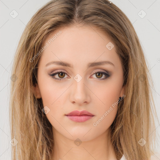 Neutral white young-adult female with long  brown hair and brown eyes