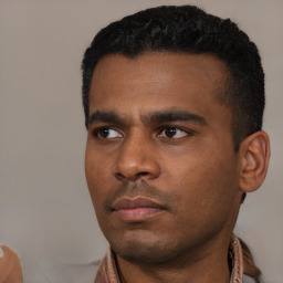 Neutral black young-adult male with short  black hair and brown eyes