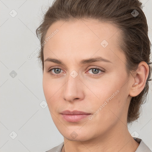 Neutral white young-adult female with short  brown hair and brown eyes