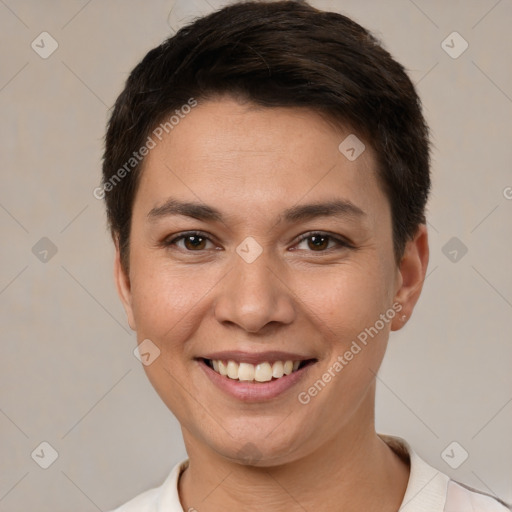 Joyful white young-adult female with short  brown hair and brown eyes