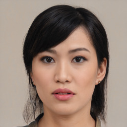 Neutral asian young-adult female with medium  black hair and brown eyes