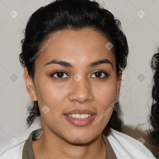 Joyful latino young-adult female with short  brown hair and brown eyes