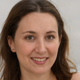 Joyful white adult female with long  brown hair and grey eyes