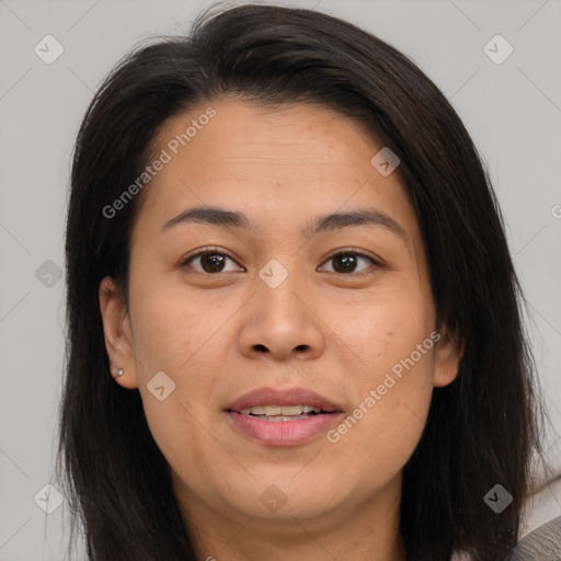 Joyful asian young-adult female with long  brown hair and brown eyes