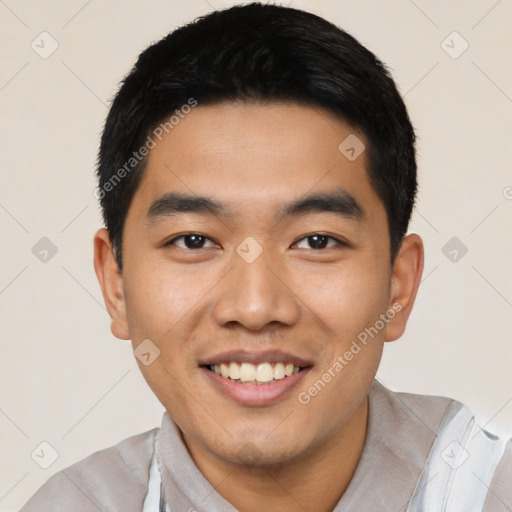 Joyful latino young-adult male with short  black hair and brown eyes