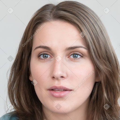 Neutral white young-adult female with long  brown hair and grey eyes