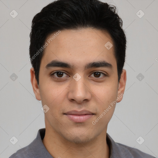 Joyful latino young-adult male with short  black hair and brown eyes