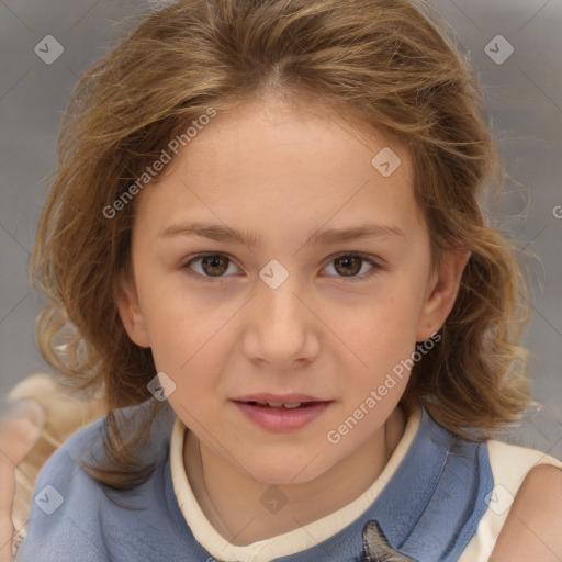 Joyful white child female with medium  brown hair and brown eyes