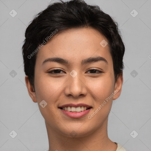 Joyful asian young-adult female with short  brown hair and brown eyes