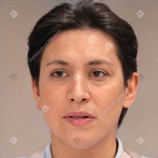 Joyful white adult female with medium  brown hair and brown eyes