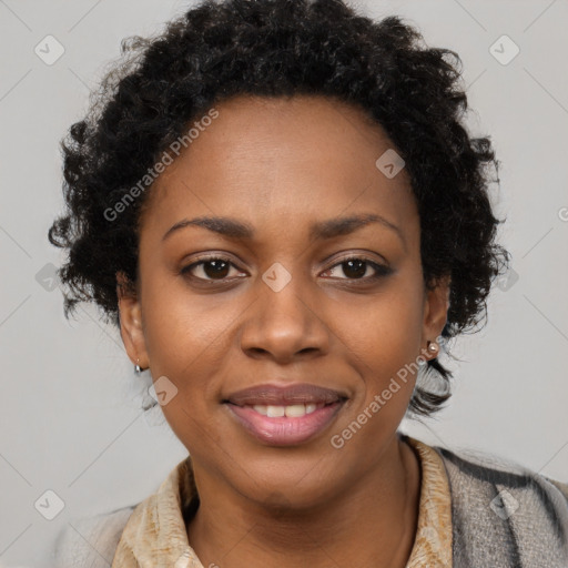 Joyful latino young-adult female with short  black hair and brown eyes