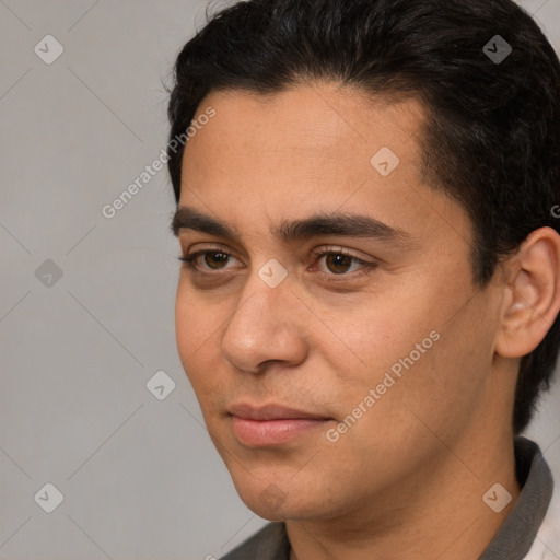 Neutral white young-adult male with short  brown hair and brown eyes