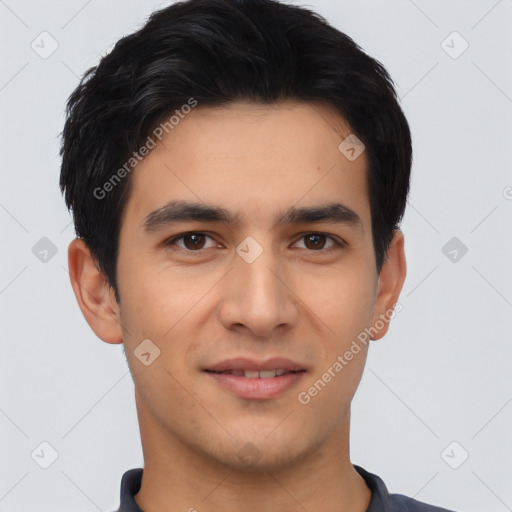 Joyful white young-adult male with short  black hair and brown eyes