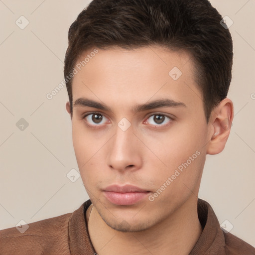 Neutral white young-adult male with short  brown hair and brown eyes