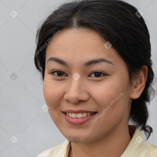 Joyful white young-adult female with medium  brown hair and brown eyes