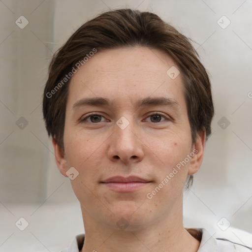 Neutral white young-adult male with short  brown hair and brown eyes