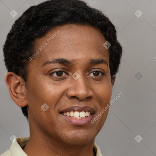 Joyful black young-adult female with short  brown hair and brown eyes