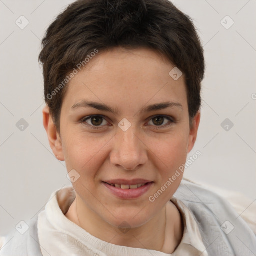 Joyful white young-adult female with short  brown hair and brown eyes