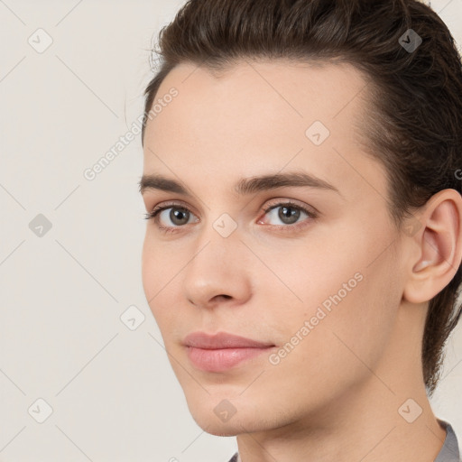 Neutral white young-adult female with medium  brown hair and brown eyes