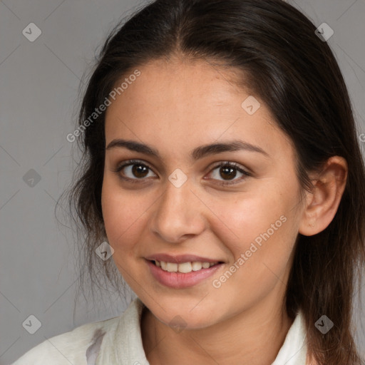 Joyful white young-adult female with medium  brown hair and brown eyes