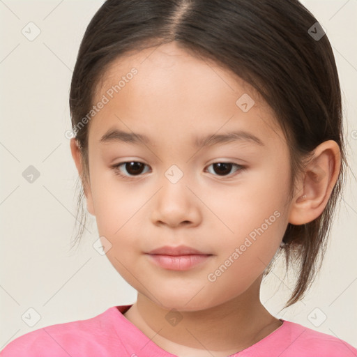 Joyful white child female with medium  brown hair and brown eyes