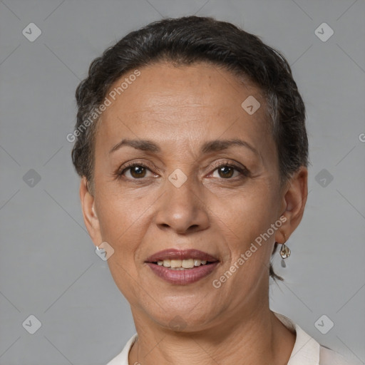 Joyful white adult female with short  brown hair and brown eyes