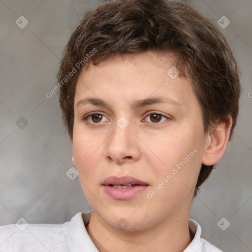 Neutral white young-adult female with short  brown hair and brown eyes