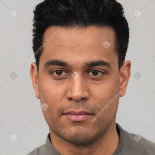 Neutral asian young-adult male with short  black hair and brown eyes