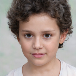 Joyful white child female with short  brown hair and brown eyes