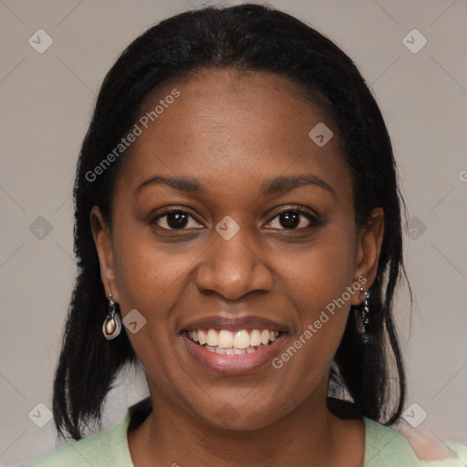 Joyful black young-adult female with medium  black hair and brown eyes