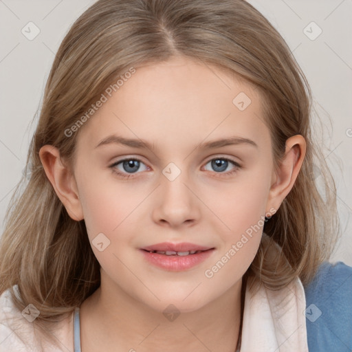 Joyful white child female with medium  brown hair and grey eyes