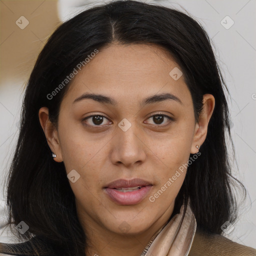 Joyful latino young-adult female with long  brown hair and brown eyes